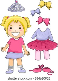 Illustration of a Little Ballet Dancer Standing Beside Different Ballet Elements