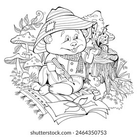 Illustration of little bear learning to draw a butterfly. Fairy tale forest environment. Coloring book for children and adults. Printable page for drawing. Black and white hand drawn vector.