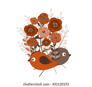 illustration of a little bird and blooming flowers