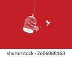 illustration of little bird flying out of open birdcage, surreal freedom or press freedom motivational concept.