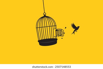 Ilustración del pequeño pájaro volando fuera de la jaula de pájaro abierta, concepto de motivación de libertad surrealista.