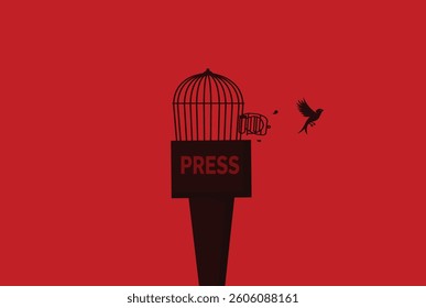 illustration of little bird flying out of open birdcage, surreal freedom or press freedom motivational concept.