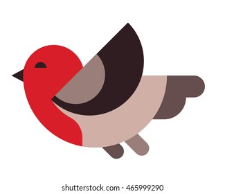 Illustration of a little bird with a red head. Flying bird in flat style. Flat geometric minimalism
