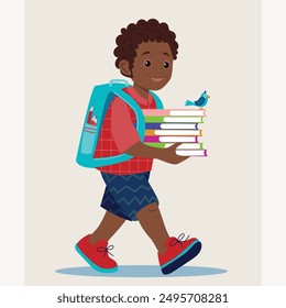  Ilustración de un niño negro con una sonrisa brillante, con una mochila azul vibrante y sosteniendo una pila de libros y pájaros coloridos, yendo a la escuela. Texturizado. Para pegatinas, postales, libros