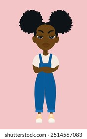 illustration Little Black Girl Afro pig tails Jumpsuit Angry Arms Crossed Vector