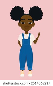 Illustration Little Black Girl Afro Pigtails Jumpsuit Peekaboo Greets Big Happy Smile Vector