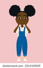 Illustration little black girl afro pig tails surprised shocked worried jumpsuit vector