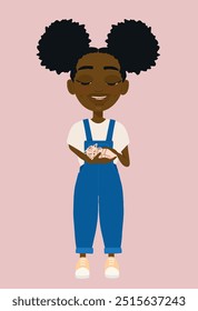 Illustration little black girl afro pig tails cat in arms smile overalls vector