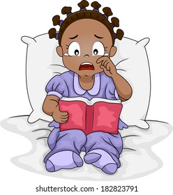 Illustration of a Little Black Girl Crying Over the Book She is Reading