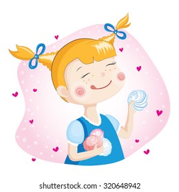 Illustration of a little blonde girl with pigtails in a blue dress is going to eat a lot of sugary marshmallow cakes.