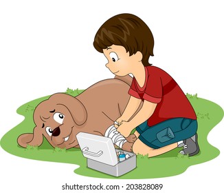Illustration of a Little Boy Applying First Aid Measures on His Dog