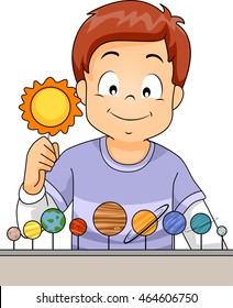 Illustration of a Little Boy Arranging the Planets of the Solar System