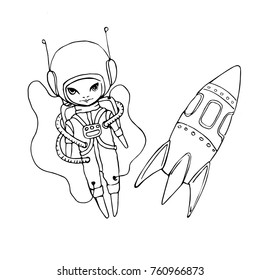 Illustration of a little boy astronaut. Vector illustration in doodle style of a little boy in rockets flying into space. Sketch design for children. Simple picture for coloring on white background.