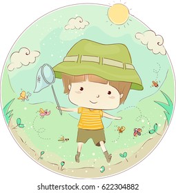 Illustration of a Little Boy Carrying a Butterfly Net Happily Running After Insects