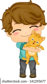 Illustration of Little Boy Carrying his Pet Cat