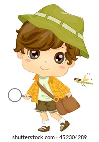 Illustration of a Little Boy Carrying a Magnifying Glass