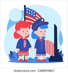 illustration of little boy celebrating memorial day, remembering american warriors, with sad expression