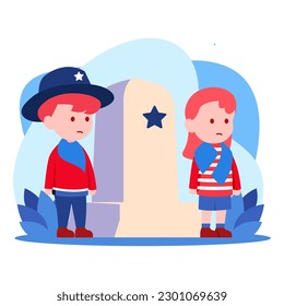 illustration of little boy celebrating memorial day, remembering american warriors, with sad expression