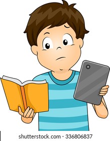 Illustration of a Little Boy Comparing a Book and a Tablet