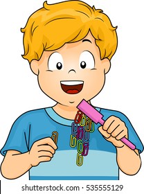 Illustration of a Little Boy Conducting a Science Experiment Using a Magnetic Wand and Some Paper Clips