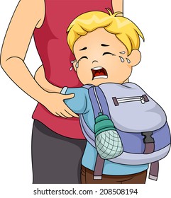 Illustration of a Little Boy Crying Out Loud Whie Clinging to His Mom