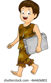 Illustration of a Little Boy Dressed as a Caveman Carrying a Block of Stone going to school