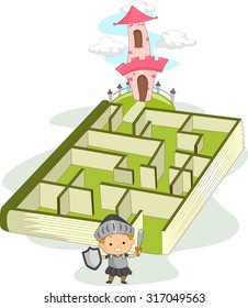 Illustration of a Little Boy Dressed as a Knight Navigating Through a Maze Leading to a Castle