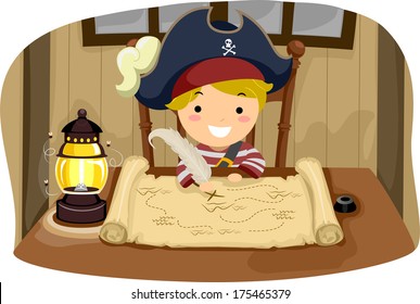 Illustration of a Little Boy Dressed in a Pirate Costume Looking at a Map