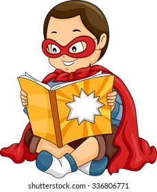 Illustration Little Boy Dressed Superhero Reading Stock Vector (Royalty ...