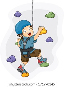 Illustration of a Little Boy Dressed in Wall Climbing Gear Scaling a Wall