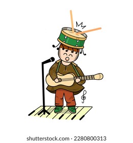 illustration of a little boy with a drum cap playing the guitar