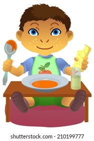 Illustration of a little boy eating pumpkin soup and bread with spoon