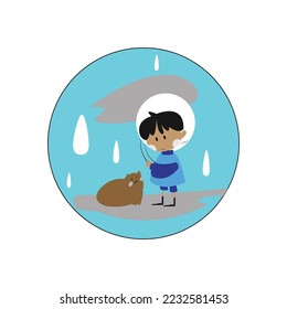 Illustration of a little boy finding a cat in the rain. Simple flat vector design.