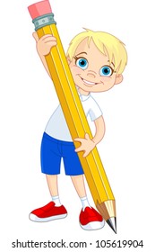 Illustration of Little Boy and Giant Pencil