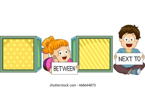 Illustration of a Little Boy and Girl Demonstrating What Between and Next To Mean