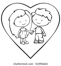 Illustration of little boy and girl inside a frame in the shape of heart on a white background. Children stand together, looking at each other and holding hands.