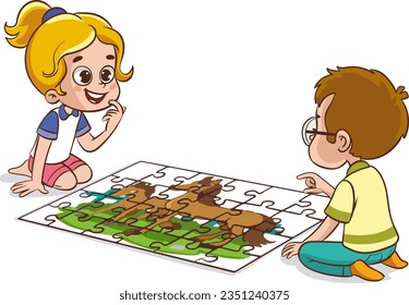 Illustration of a Little Boy and Girl Playing a Jigsaw Puzzle