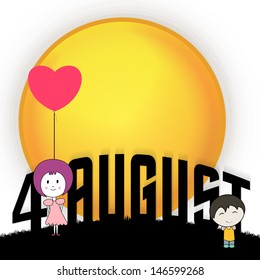 Illustration of little boy and girl with text 4th August for Happy Friendship Day.