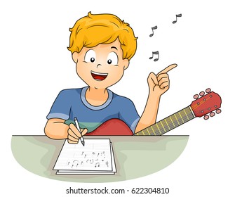 Illustration of a Little Boy with a Guitar Writing the Lyrics of a Song While Humming a Tune