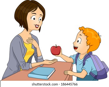 Illustration of a Little Boy Handing an Apple to His Teacher