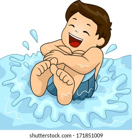 Illustration of a Little Boy Happily Playing in the Pool