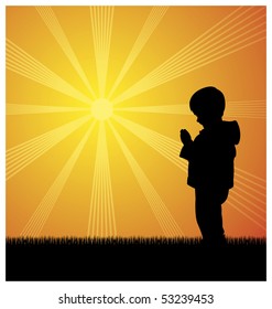 Illustration of a little boy. He stands and prays. Behind him the sun shines brightly.