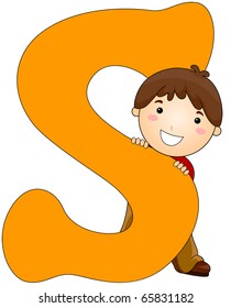 Illustration of a Little Boy Hiding Behind a Letter S