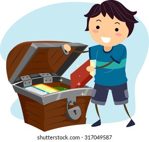 Illustration of a Little Boy Hiding His Books Away in a Treasure Chest