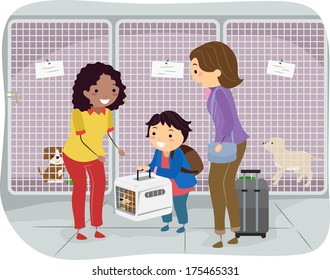 Illustration of a Little Boy and His Mom Handing Over a Dog in a Kennel