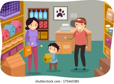 Illustration of a Little Boy and His Mom Buying a Birdhouse from the Pet Store