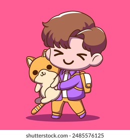 Illustration of a little boy holding his favorite cat and taking it for a walk