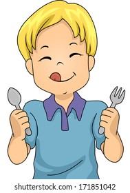 Illustration of a Little Boy Holding a Spoon and Fork Eagerly Awaiting Dinner