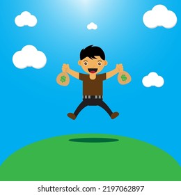 illustration of a little boy jumping happily with his hand holding a money bag