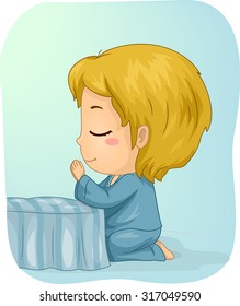 Illustration of a Little Boy Kneeling in Prayer in His Bedroom